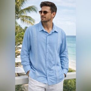 COOFANDY Men’s Blue Embroidered Guayabera Shirt XXL 100% Cotton Long Sleeve